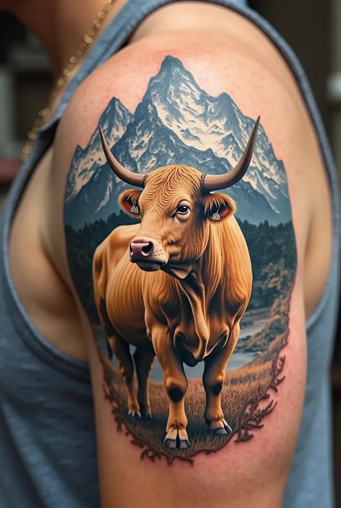 Draw me a tattoo
For my left shoulder, make a blond cow from Aquitaine in the foreground and not in the background do the Midi channel for me. In the Hautes-Pyrénées mountains.