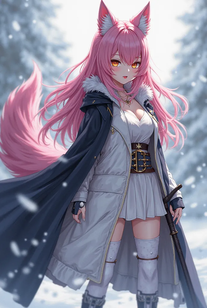 (maximum quality, better quality,  official art , beautiful and aesthetic :1.2) female anime, wolf girl, rebellious girl, long pink hair with bangs covering the right side of the face,  golden eyes, pink wolf ears, voluminous pink tail,  voluminous white c...