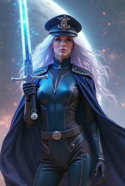 Visualize a female galactic military commander, a figure of authority and strategy, leading her vast fleet into the heart of battle. Her hair is a striking white, with strands of violet that add an otherworldly beauty to her appearance. She is dressed in a...