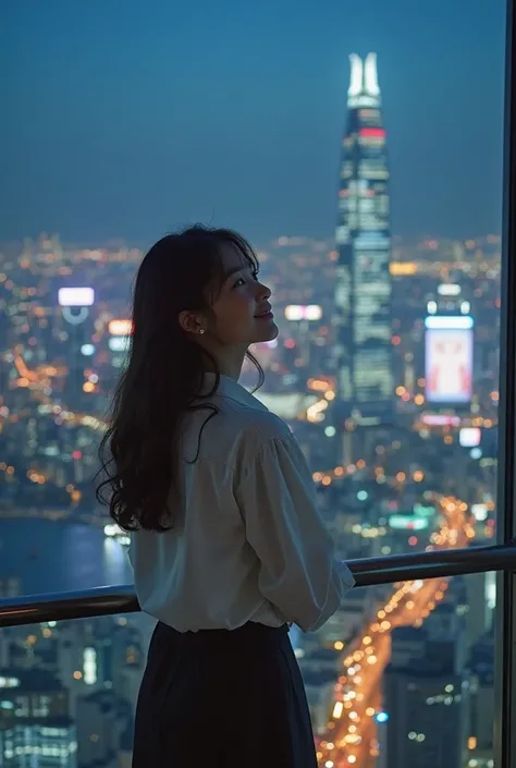    Japanese woman standing on a skyscraper balcony  ,   she's smiling ,   highlights the elegance of    ,  You can see the spectacular city skyline spreading out behind you up close、 city night  .High Resolution, Realistically,live-action