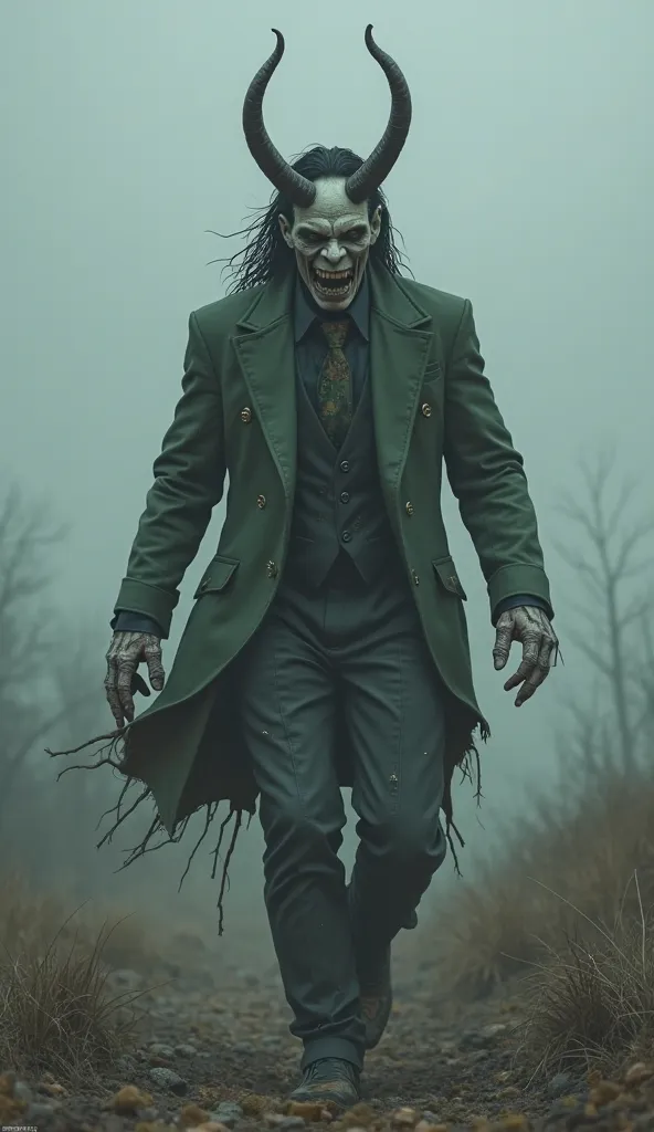 MARVEL's Loki being a Zombie in his dirty, worn suit walking toward the camera.