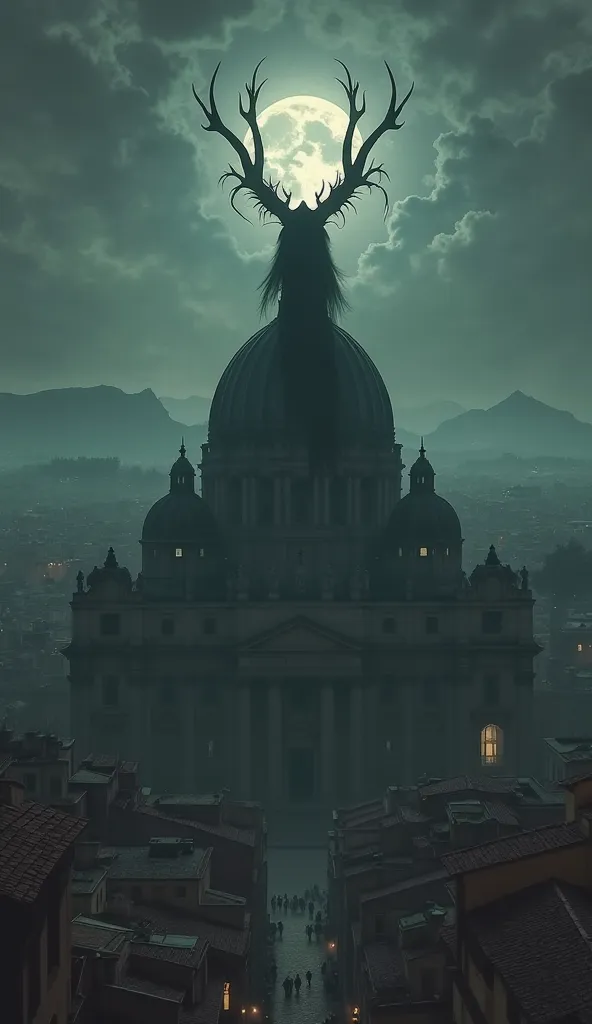 Night, over the Vatican, there is a country shade on the roof of the cathedral,  with horns