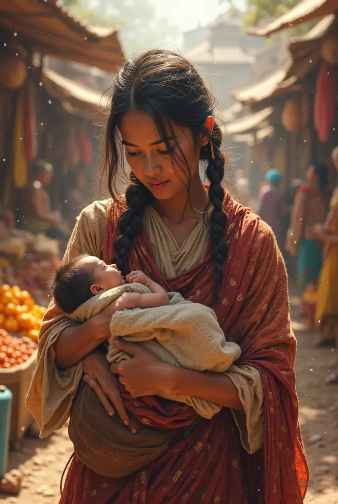 POV holding a baby against her chest, feeling the warmth of its  and the sweet scent of milk mixed with sweat, while walking through a rustic marketplace. The air is thick with the aroma of dried spices, ripe fruit, and the strong odor of live animals. The...