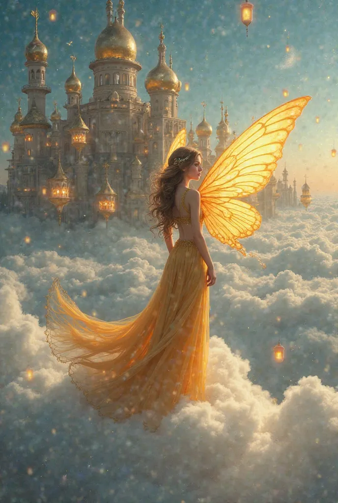 A beautiful fairy, Gulnaz, with glowing wings, standing on a floating cloud.

A mystical sky palace with golden domes and floating lanterns in the background.

She gazes down at the earth with curiosity and admiration.
