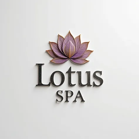 A 3D logo centered design on a white gray wall featuring the uppercase initials 'Lotus SPA' ' in a textured cursive signature style. Below the initials,  is displayed in an elegant font. Above the text, an illustration of decorative very thin lilac and gol...