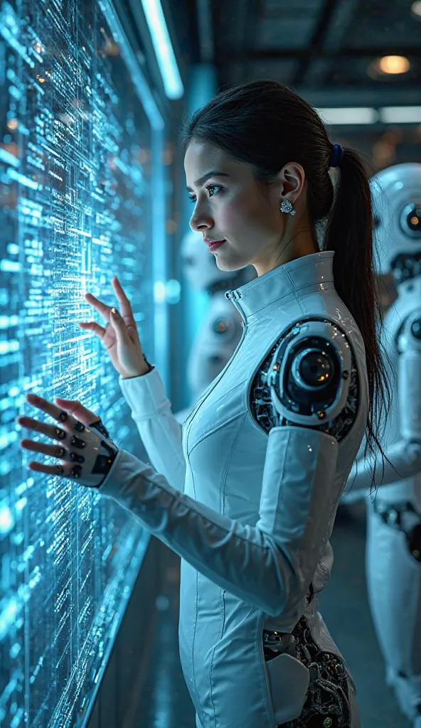 An AI & Machine Learning Expert analyzing complex algorithms on a holographic screen, surrounded by robotic assistants