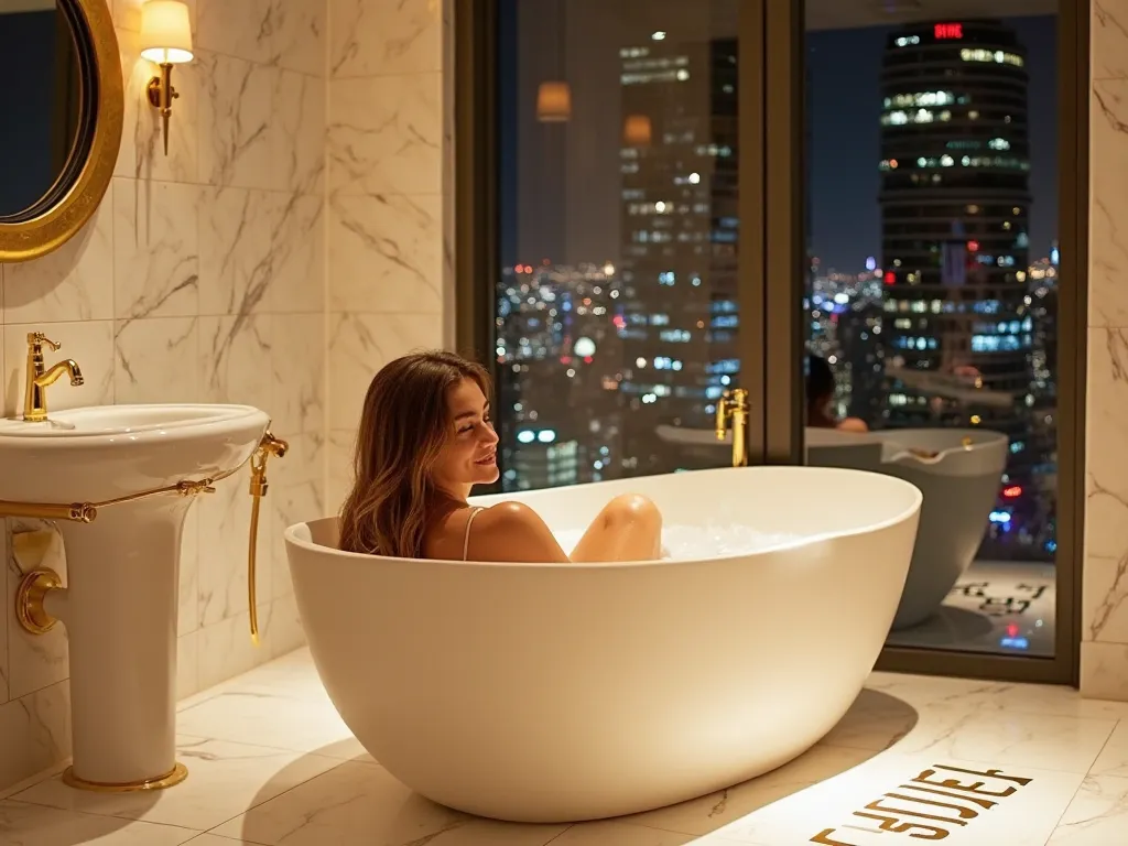 
This is the bathroom of an expensive hotel. A  girl takes a bath with a bath. 

This night in the bathroom there is lighting.The girl looks at the screen and smiles, she is facing the camera On one of the walls of the inscription “LIDER HOTEL” , the walls...