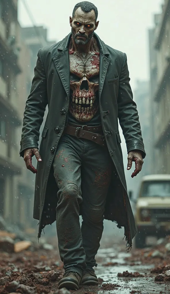 The Marvel Punisher being a Zombie in his dirty, worn suit walking toward the camera.