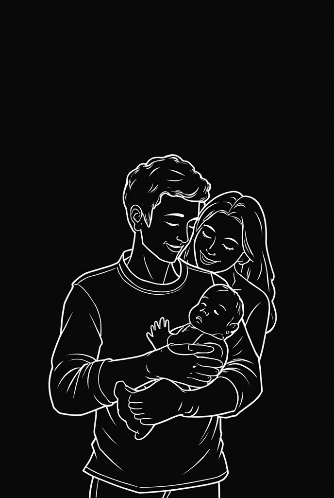 A man holds his baby tenderly, while a woman peeks out shyly from behind them, watching the scene with a discreet smile." The black background and the drawing with white line