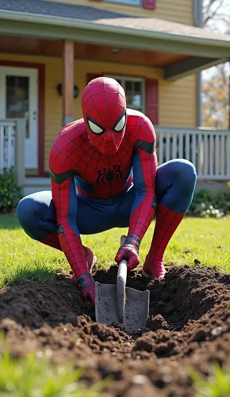 Spider-Man is partially bent down, digging into the ground with a shovel in front of the house at midday. The bright sunlight casts strong shadows across the yard, emphasizing the effort in his posture. His red and blue suit clings tightly to his body, sli...