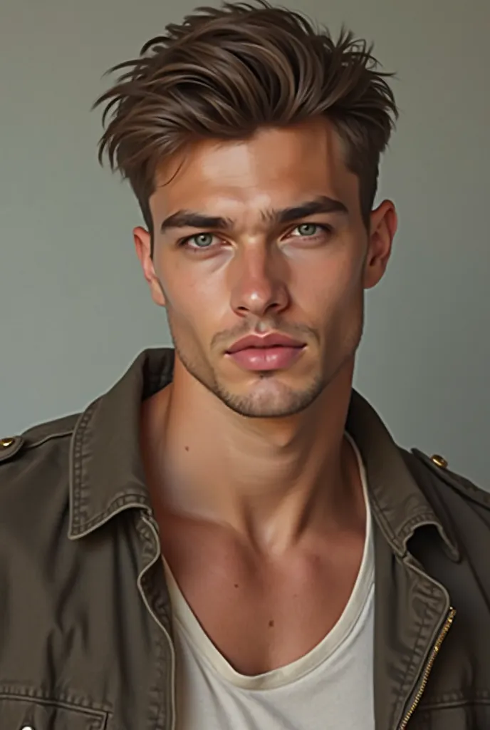 
" Young man, of Eastern European origin , With brown hair cut close to,  fair skin and bright blue eyes . He has a high height, with a muscular and toned body, Standing out her naked body.  Her smile is seductive and confident ,  exuding sensuality and ch...