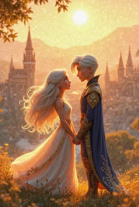 A 3D animated Disney Pixar styled scene where on a hill overlooking the golden and silver beautiful royal city, a girl (16-year-old girl with glowing golden skin, long wavy silver hair, and bright, star-like eyes. She wears a flowing white and gold dress t...