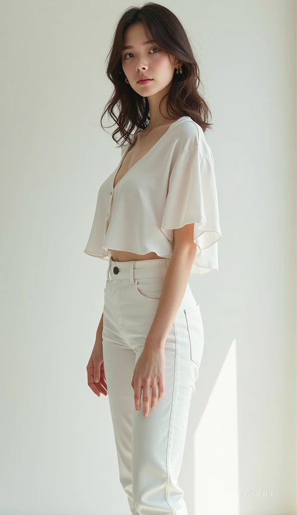 tall and slim young woman dressed in a white blouse and white pants full length and front view hyperrealistic style
