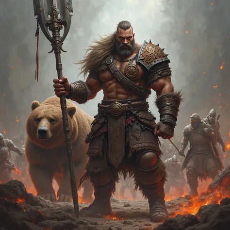 Warrior man with spear in war And there's a bear next to him And at the top of the picture is the name "K87MAHMUT" written in burgundy flames ne The name must definitely be written 