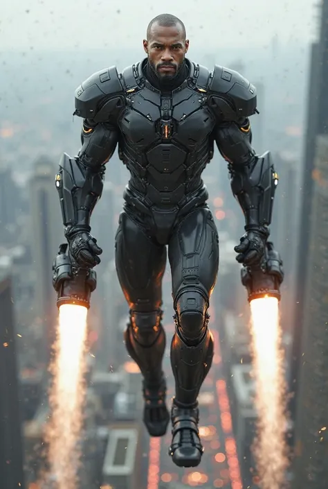 Giant black synthetic rubber-coated armor male model flying with jet propeller on the feet and chest