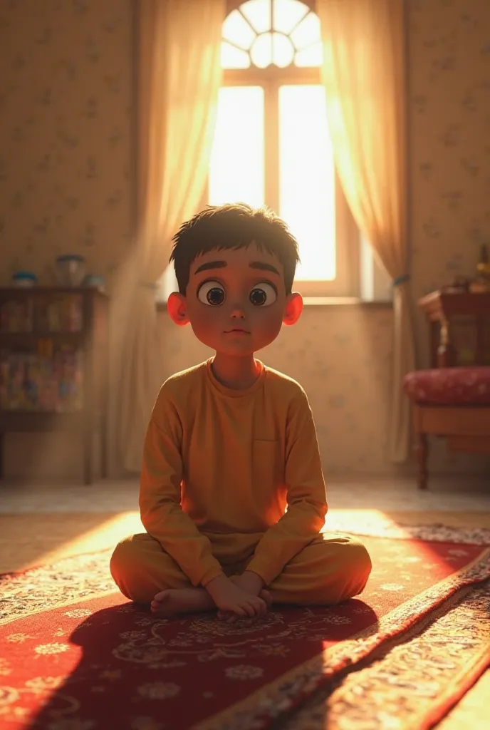 A three-dimensional scene shows the boy sitting again on the prayer mat in a tidy and clean room, with a firm look and determination in his eyes.. The sunlight entering the window highlights his face to reflect hope and repentance, while highlighting fine ...