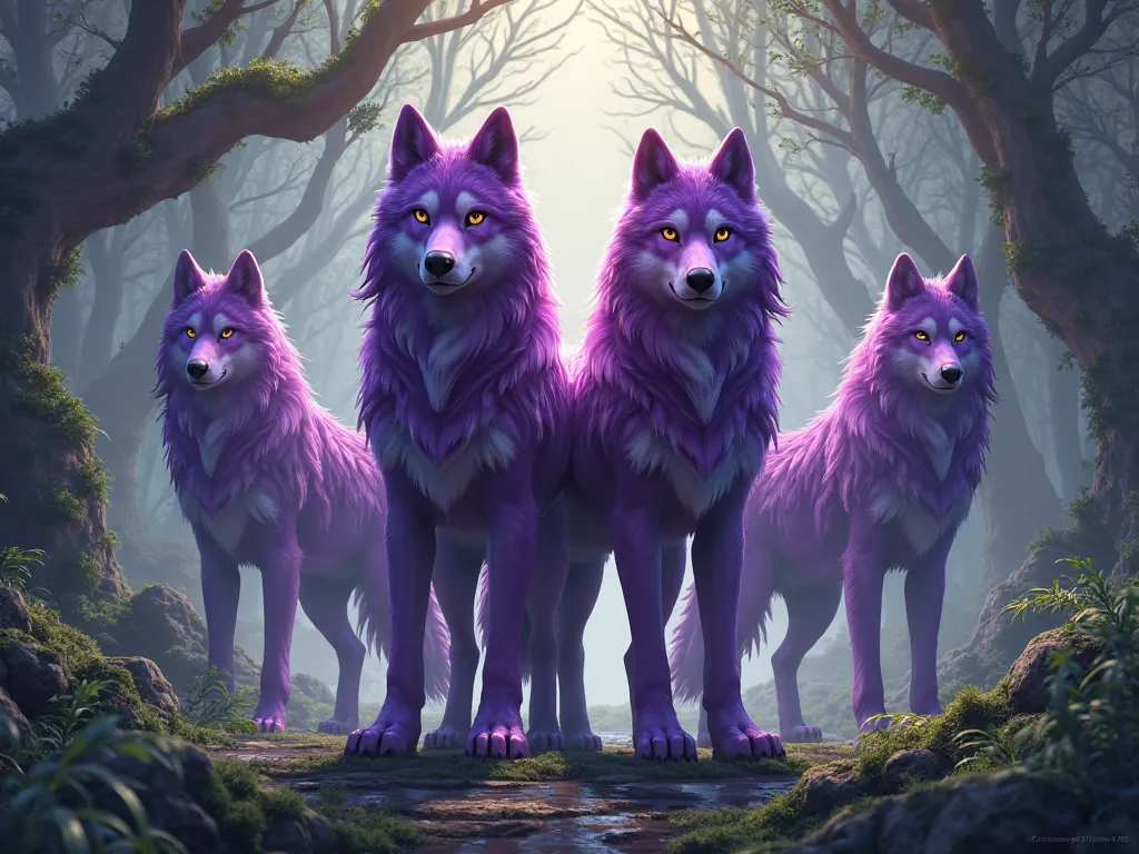 draw 4 purple wolves called up in the forest