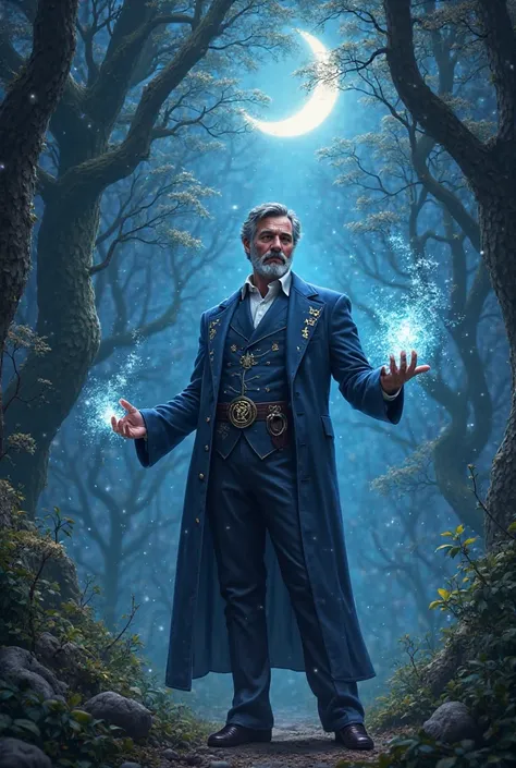 Create an image of a wizard in a blue suit in a forest at night 