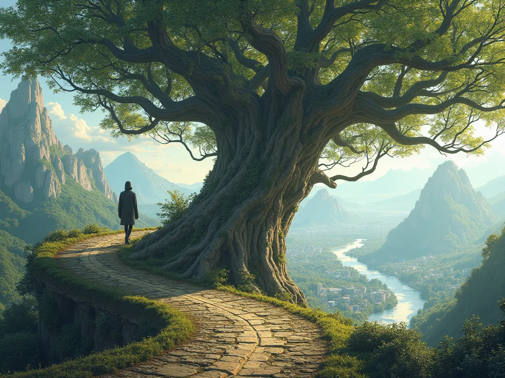  human, walking along the road , that turns into a family tree.  In the background are mountains , rivers and cities.  style: fantasy with elements of realism.