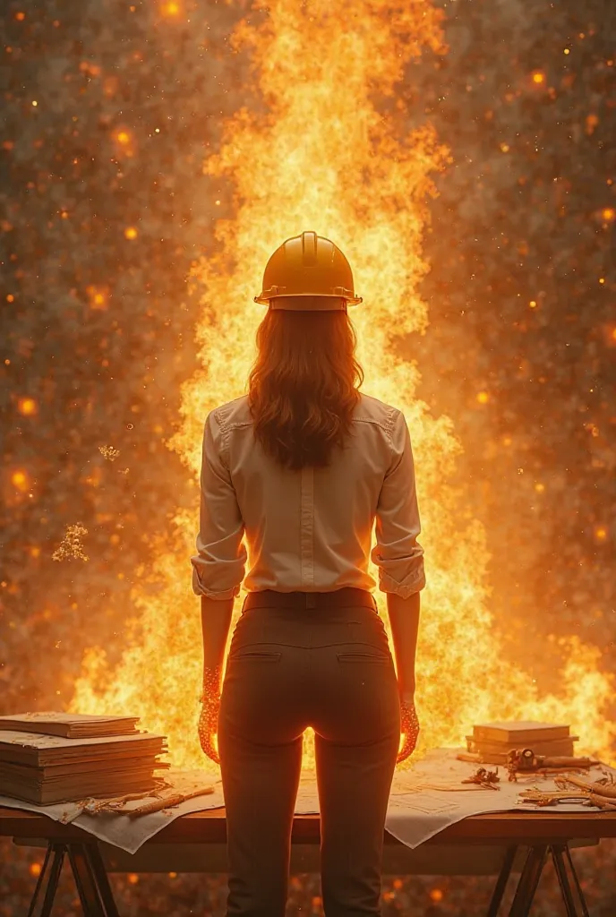 A female architect with a body of fire and dress shirt,  pants, And the yellow helmet is on a table and is seen from the back analyzing a construction project, she is in a cosmic dimension of amber color, filled with flame of fire everywhere.