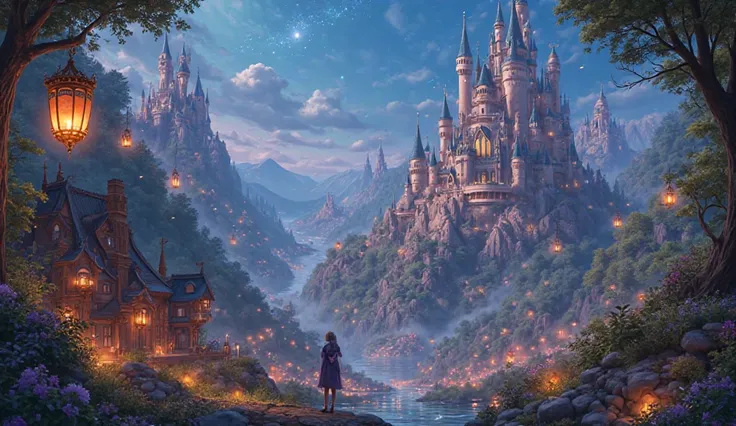 A 3D animated Disney Pixar styled mystical beautiful magical land with grand castles, floating lanterns, and an enchanted forest