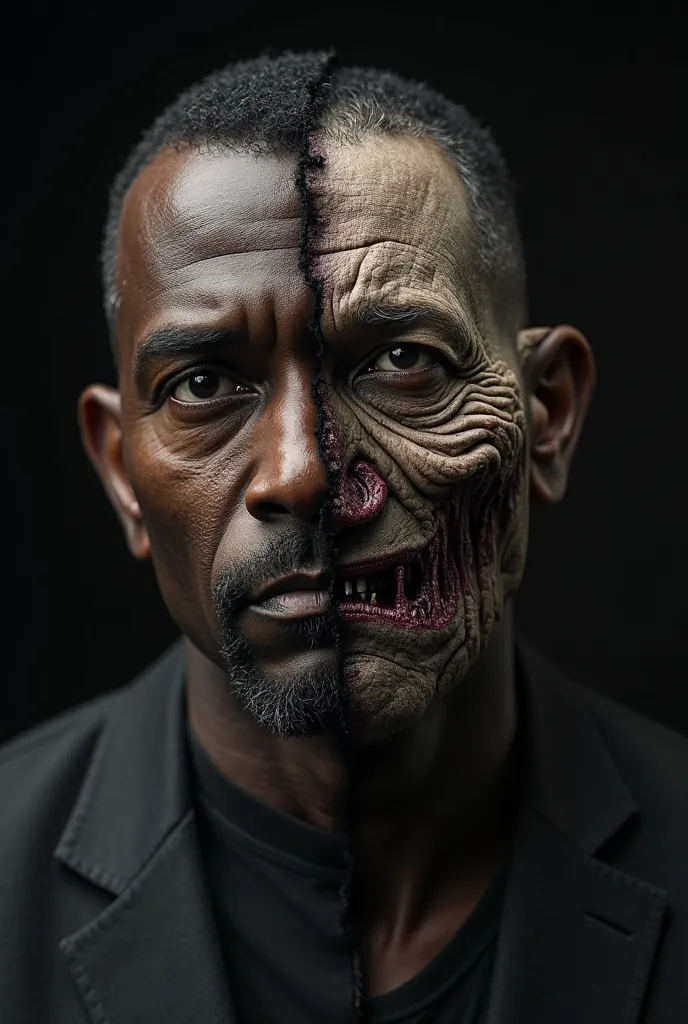 dark-skinned man with only the right side of his face deformed animated