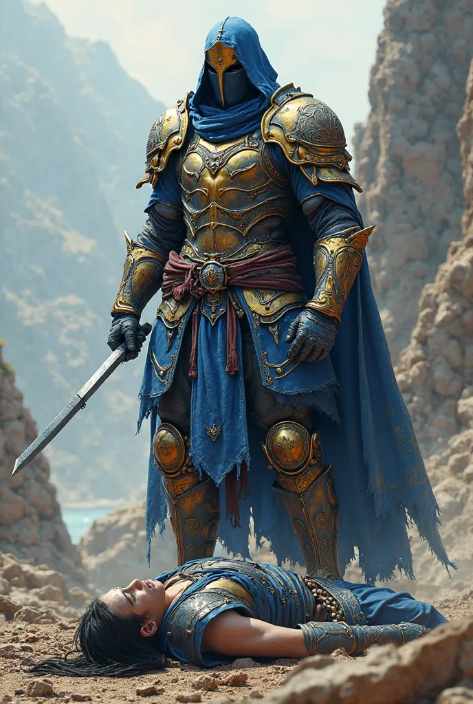 Ninja muerto , Killed by a Gladiator blue and gold armor 