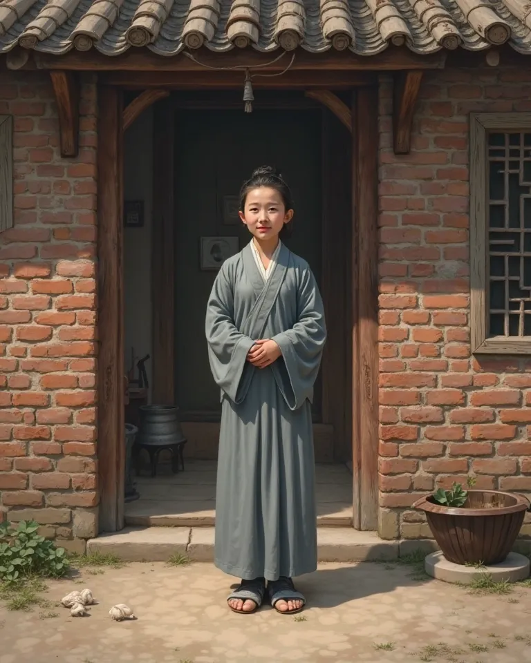 XIYUAN 1935 CHINESE WOMAN 45 YEARS OLD HAIR BUN THIN SMILE BLUE GRAY CHINESE CLOTHING CLOTH SHOES FULL BODY STANDING BRICK BUILDING COTTAGE FRONT SHADE WOODEN BASIN LAUNDRY WATER WELL 。