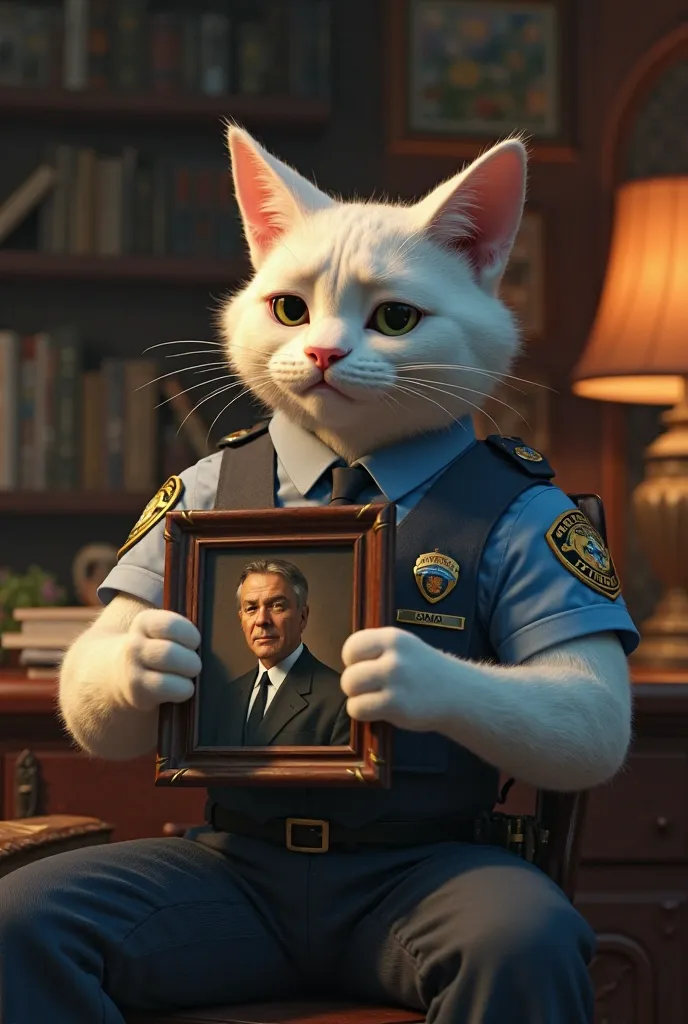 "Cinematic, ultra-realistic 3D, Pixar-style. The muscular white-furred anthropomorphic police cat sits in his dimly lit office, holding a framed photo of his father. His eyes show both sadness and satisfaction. The background is a cluttered detective’s des...