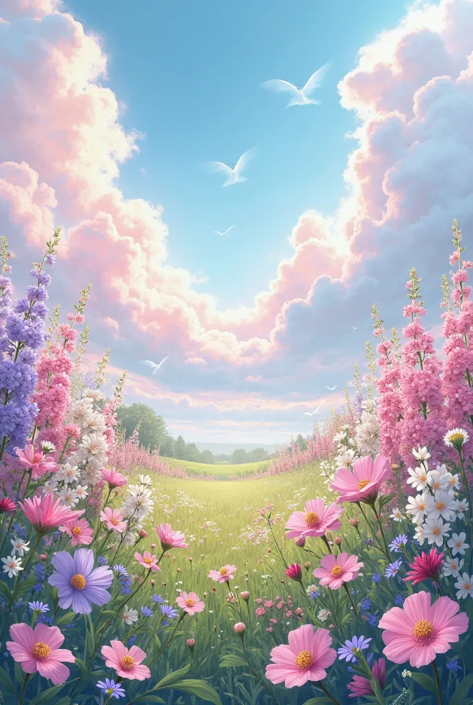 generate an image of a meadow with pink flowers, lilacs and whites of different flower species with a background of blue and pink clouds