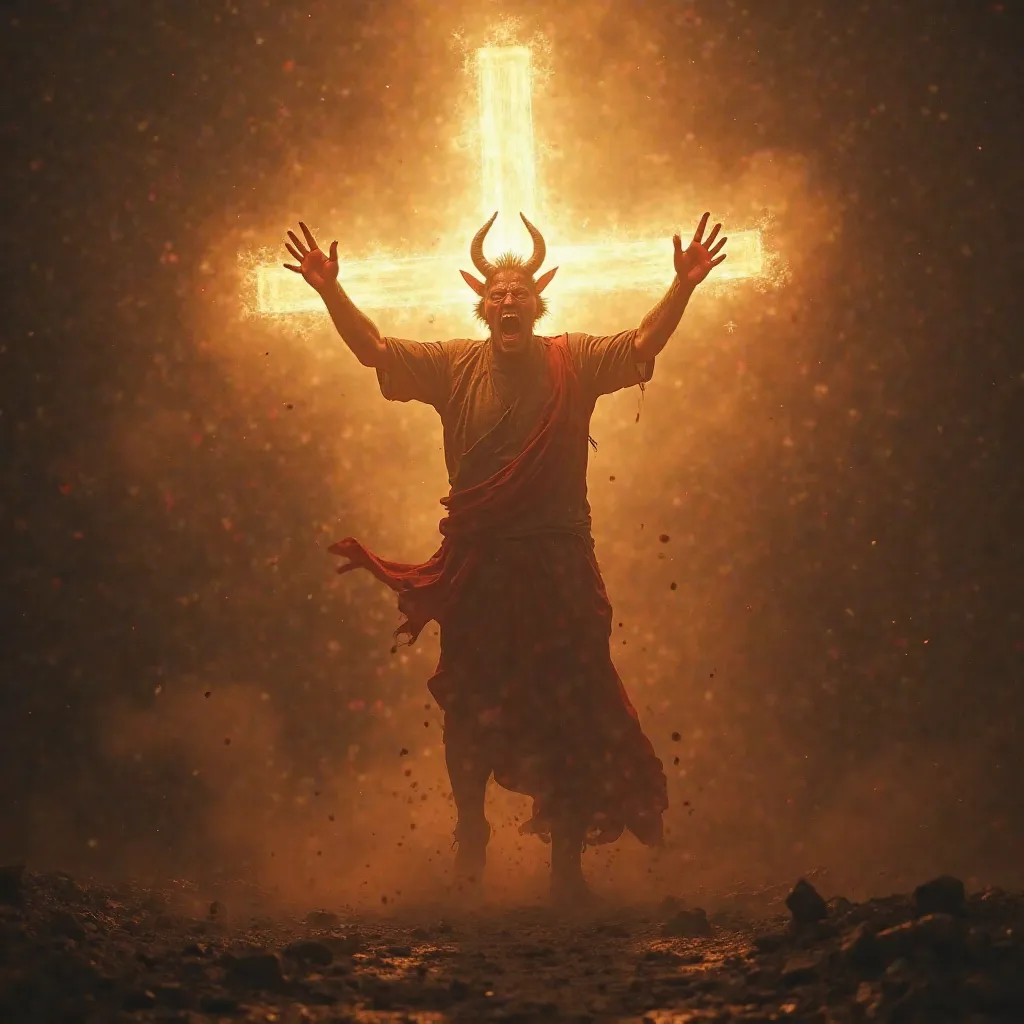 A high-quality 4K image of the devil,  with a terrified expression , as he watches as the light of the cross envelops everything around him, dispelling his laughter.