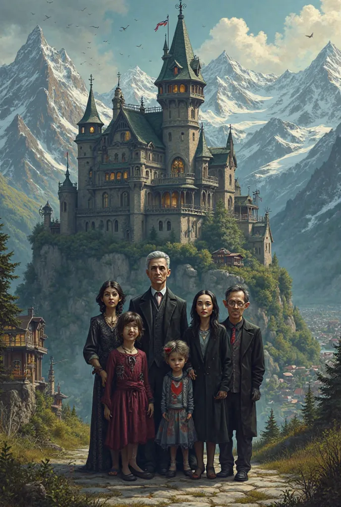 Make me a poster in which the Addams family is in front of a horror villa and behind it is an Alpine town and mountains