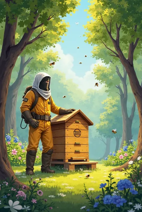 Can you draw me a beehive, on which it says Beekeepers as a logo, to have a beekeeper next to him. The hive should be located in a clearing around it should be a forest in the spring. 