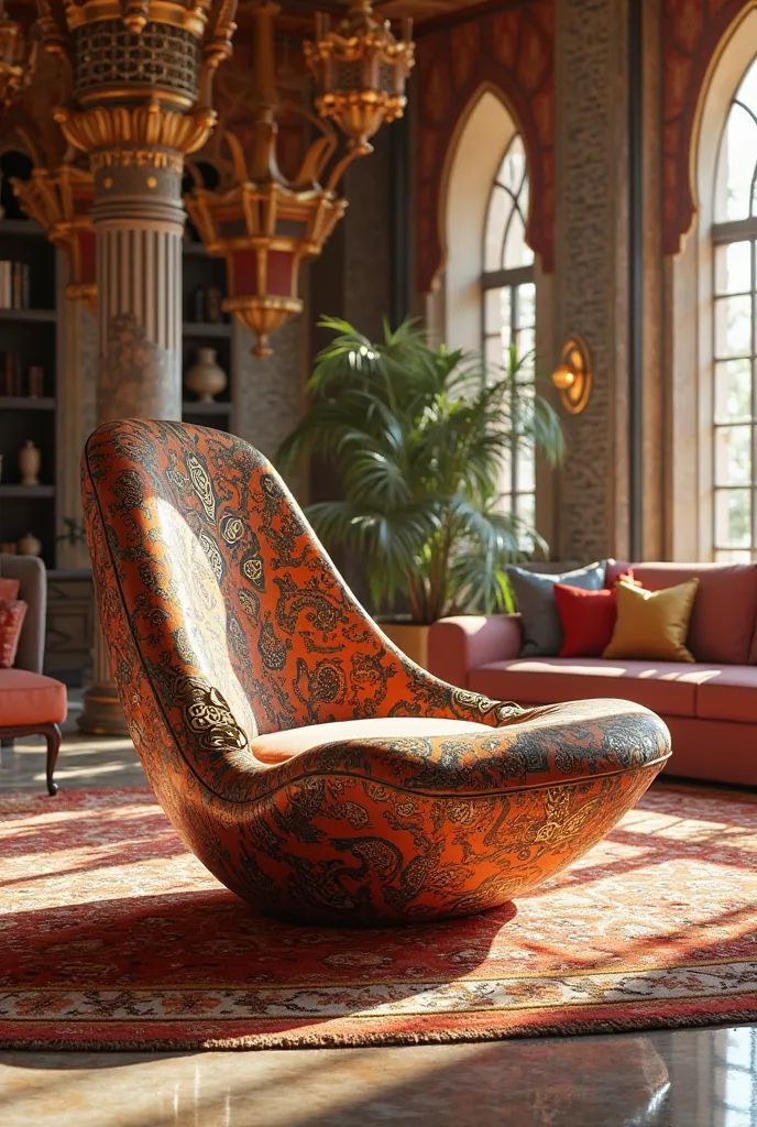 a crazy furniturs design put in center of a réception loungs in moroccan luxury reception hotel