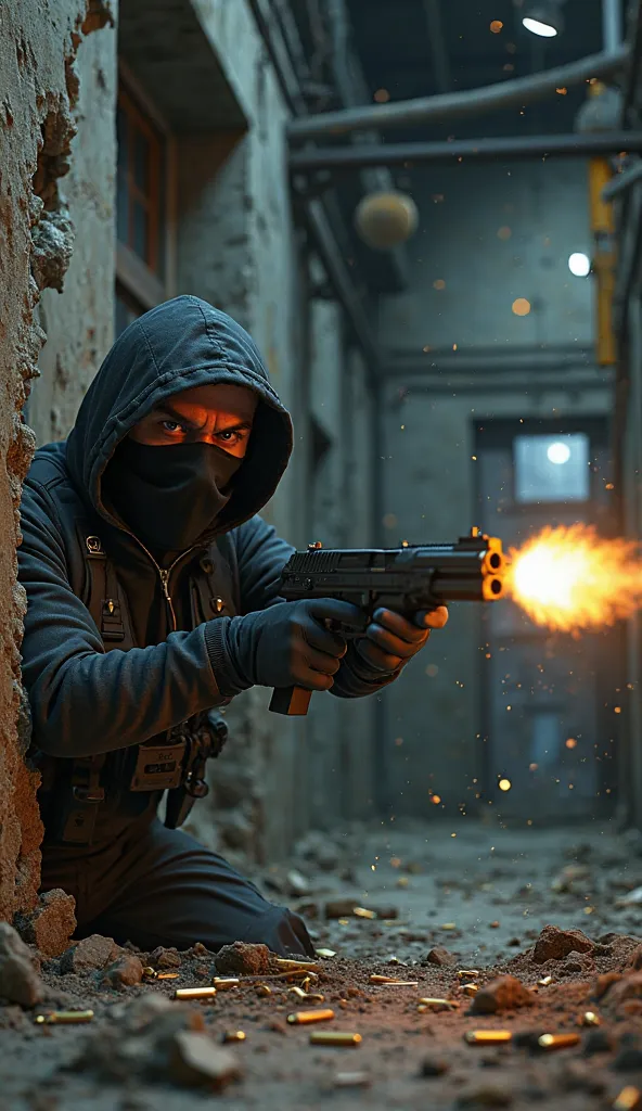 A highly detailed 3D animated cinematic scene. A dangerous-looking criminal dressed in all-black tactical gear, including a black hoodie, gloves, and a mask partially covering his face, is hiding behind a crumbling concrete wall inside an abandoned warehou...