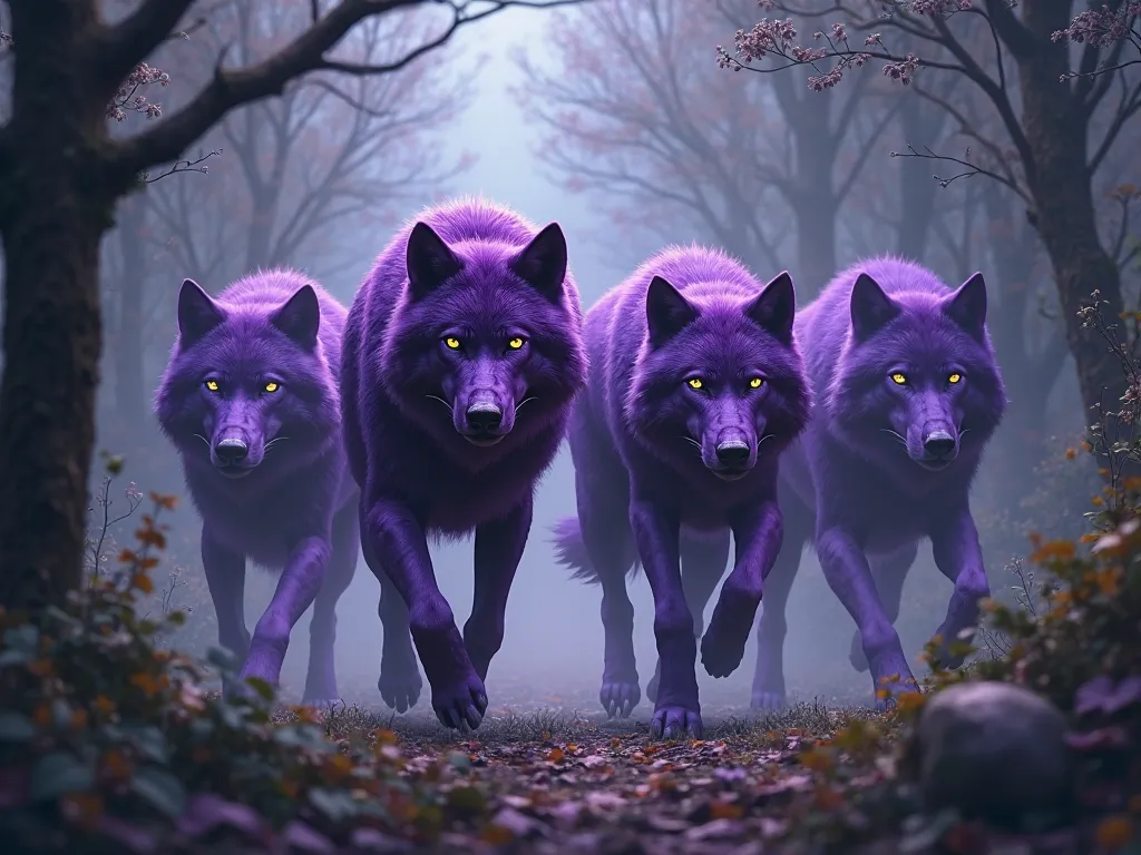 draw 4 purple wolves called in the woods make them formidable