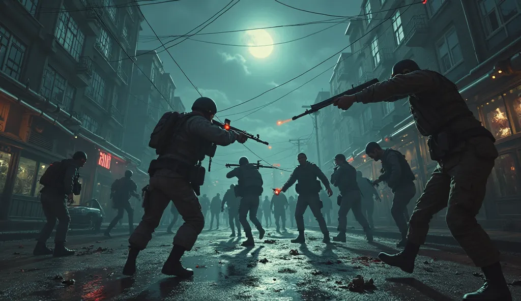 Scene of soldiers being attacked and killed by zombies on a street at night.