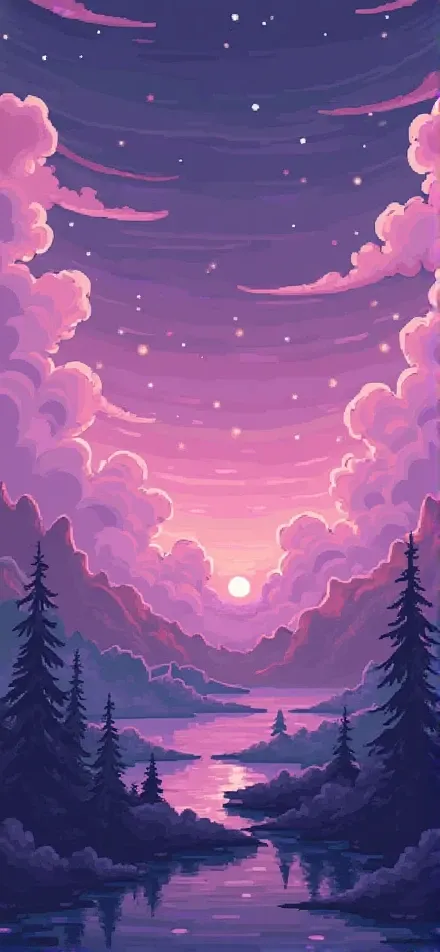 2D pixelated purple sky scenery