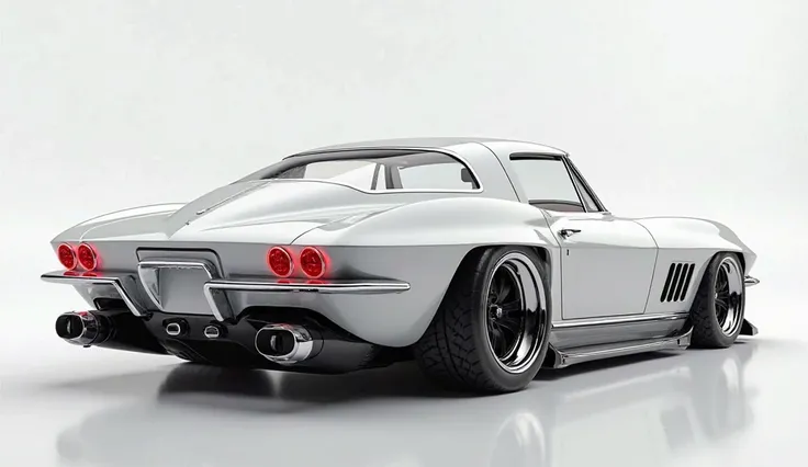 "Create an ultra-detailed 3D render of the [Car Chevrolet Corvair
 ], captured from a [View right ] angle. The car features a gleaming [Car white ] finish with sharp aerodynamic contours, a wide and aggressive design, and a futuristic appearance. The back ...