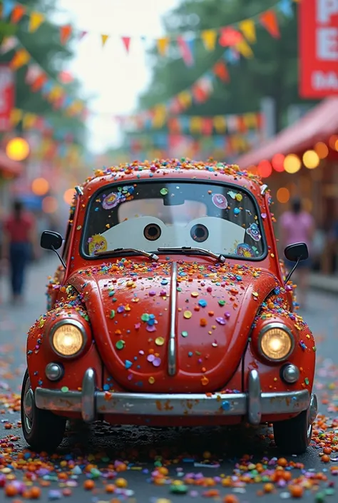 Mega-hyperrealistic image of a small red popular car covered in confetti and streamers, with Carnival stickers on the glass. The car looks' tired ', with headlights half off and a bumper slightly soiled with road dust. The scene shows a street with scraps ...