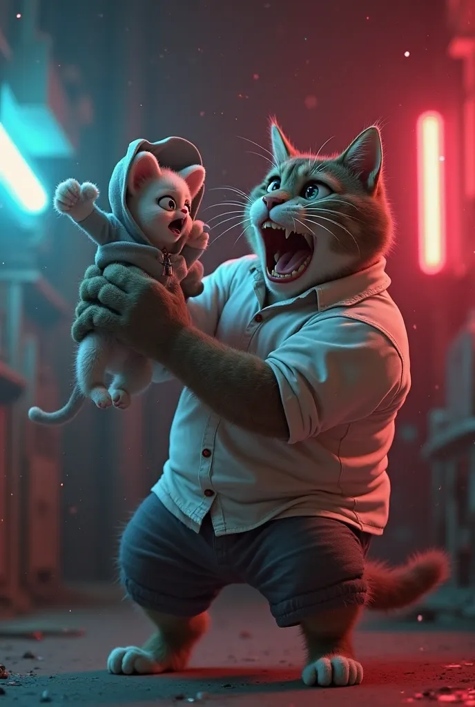 "Cinematic, ultra-realistic 3D, Pixar-style. The muscular anthropomorphic cat thief forcefully grabs the small kitten by the hoodie, lifting him off the ground. The kitten, with white fur and big, scared eyes, screams in fear, his legs kicking in the air. ...