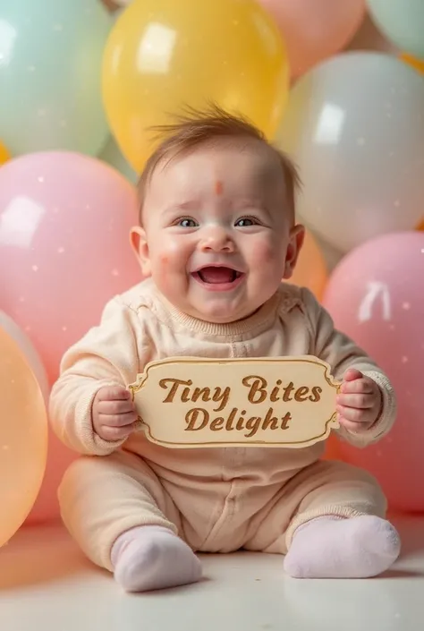 "A cute, chubby baby with rosy cheeks, sparkling eyes, and a joyful smile, sitting happily while holding a wooden nameplate with the text 'Tiny Bites Delight' elegantly engraved. The baby is dressed in an adorable pastel-colored outfit, adding to the charm...