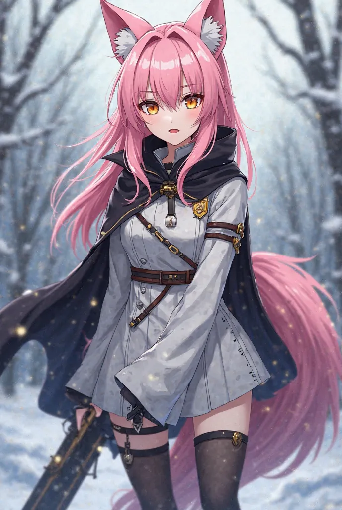 (maximum quality, better quality,  official art , beautiful and aesthetic :1.2) female anime, wolf girl, rebellious girl, long pink hair with bangs covering the right side of the face,  golden eyes, pink wolf ears, voluminous pink tail,  voluminous white c...