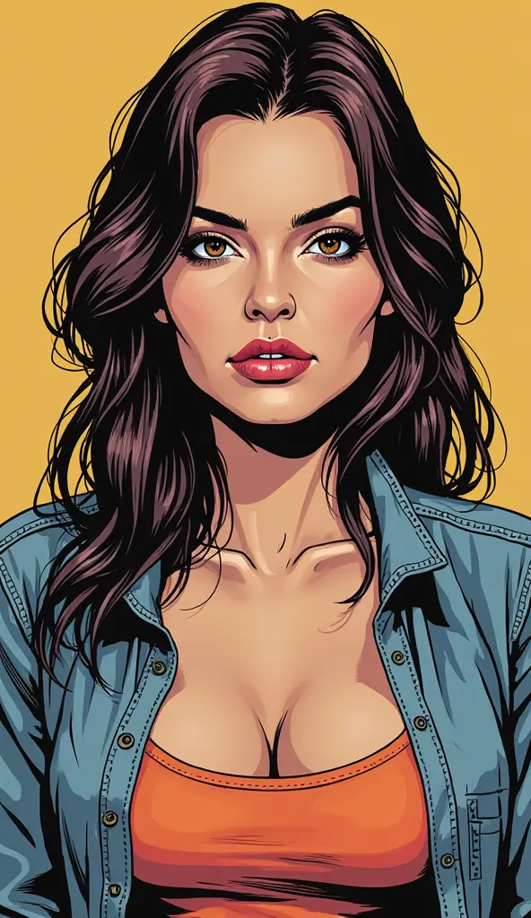 DISCREET image. with discreet casual clothes. image adult woman, american, just comic book style. with a neutral face. IMAGES WITH VIBRANT COLORS.focus on face. WOMAN COMIC BOOK STYLE