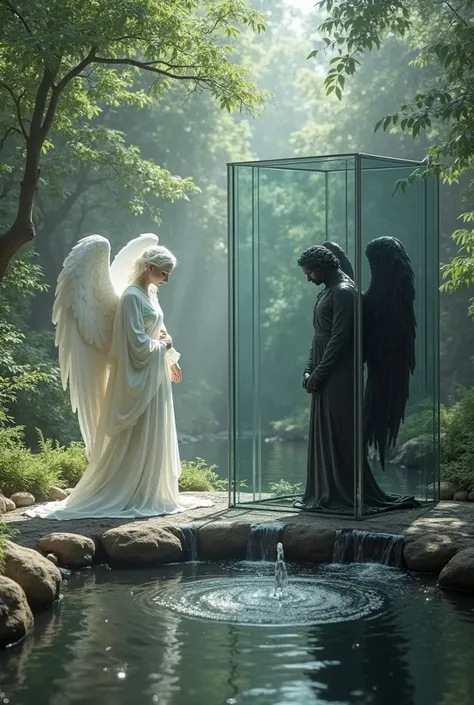 a  kneeling in front of a fountain a white angel next to the fountain and a black angel enclosed in a glass box next to the fountain in a forest