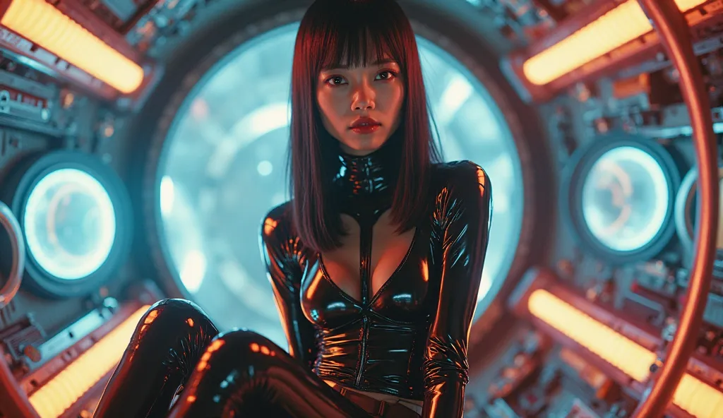 Cute Japanese Idol、Early s、Young face、Looks very young、Early sの体、Doesn&#39;t look like Korean、No Korean characteristics、Peculiar, Cutting edge, She is wearing a futuristic and sexy sex suit in latex that fits her body perfectly,Inside a spaceship from the ...