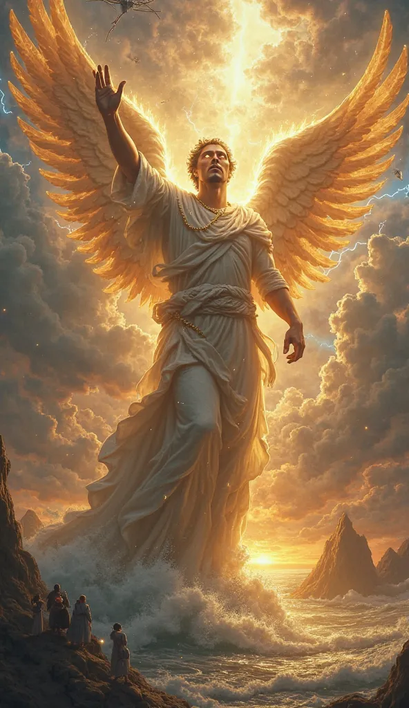   create a realistic image The scene takes place on the cosmic horizon, where a colossal angel stands with one foot on the sea and the other on the earth, symbolizing his authority over all creation. His body glows with an intense golden light and he wears...