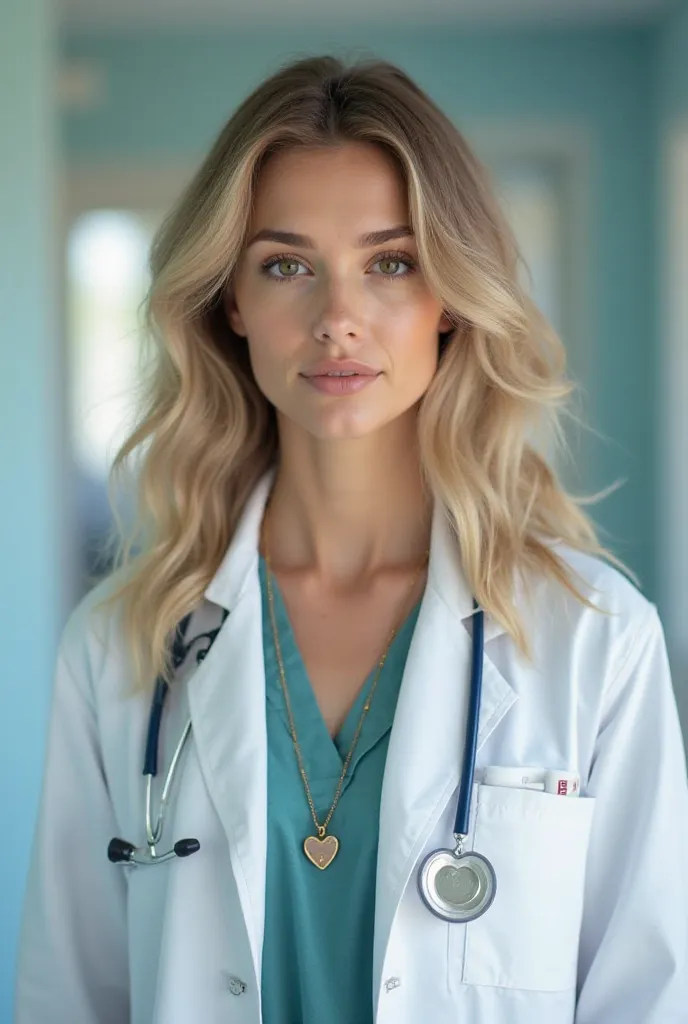 A stunning young woman named Helena, 25 years, with elegantly groomed medium blond hair and bright brown eyes filled with tenderness, walks into a medical room.  she wears a medical coat  , and it has a cord with a heart-neck pendant 