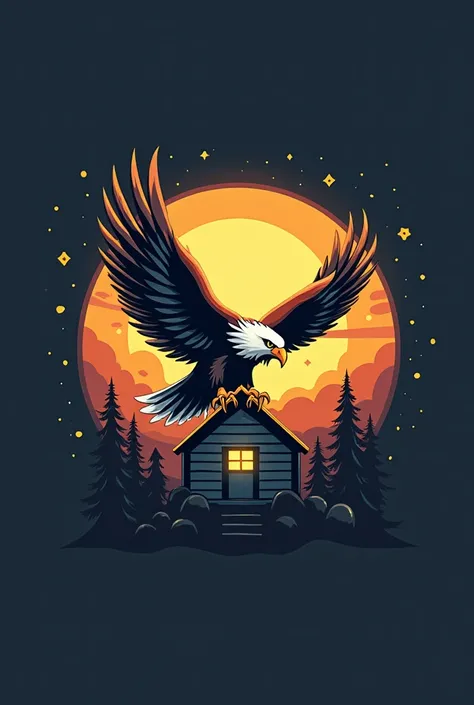 2D logo a house with with an eagle above with a rising sun 