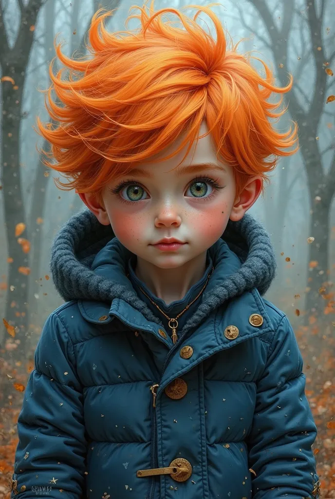 A boy with a  blue black mix coat with orange straight hair